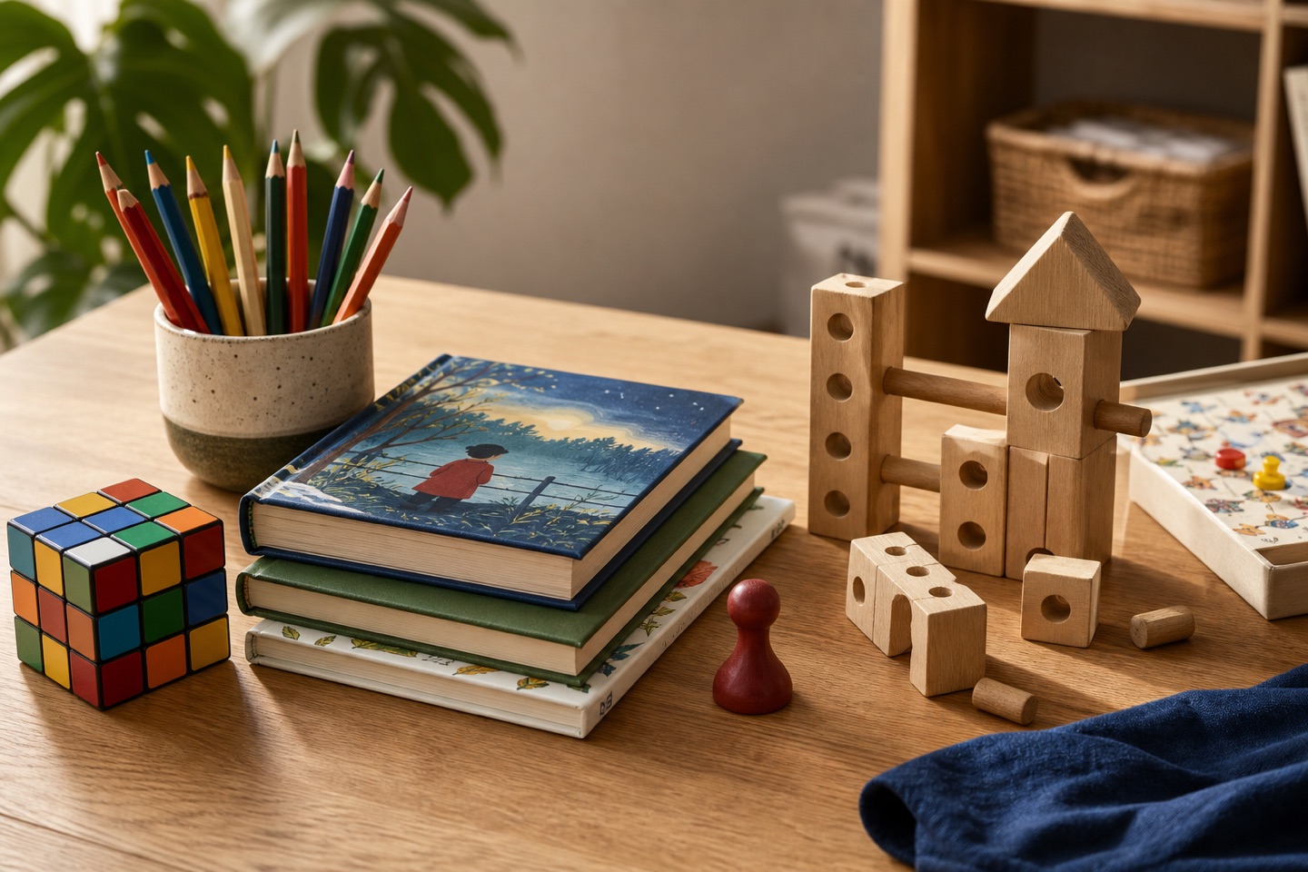 Livres, crayons, jeu de logique et pièces de construction sur une table